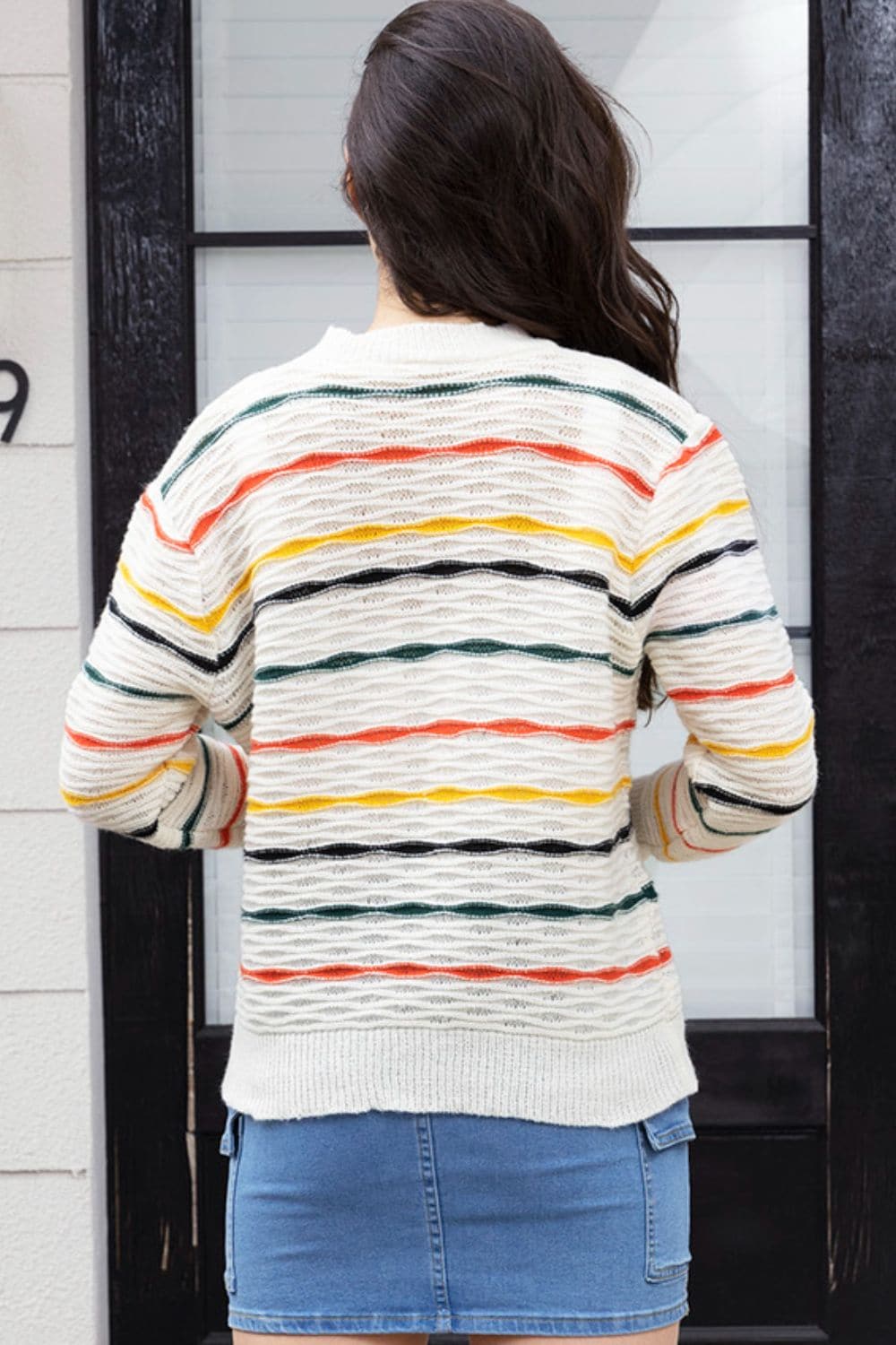 Striped Round Neck Long Sleeve Sweater.