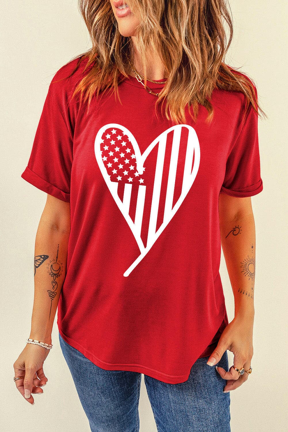 Heart Round Neck Short Sleeve T-Shirt.