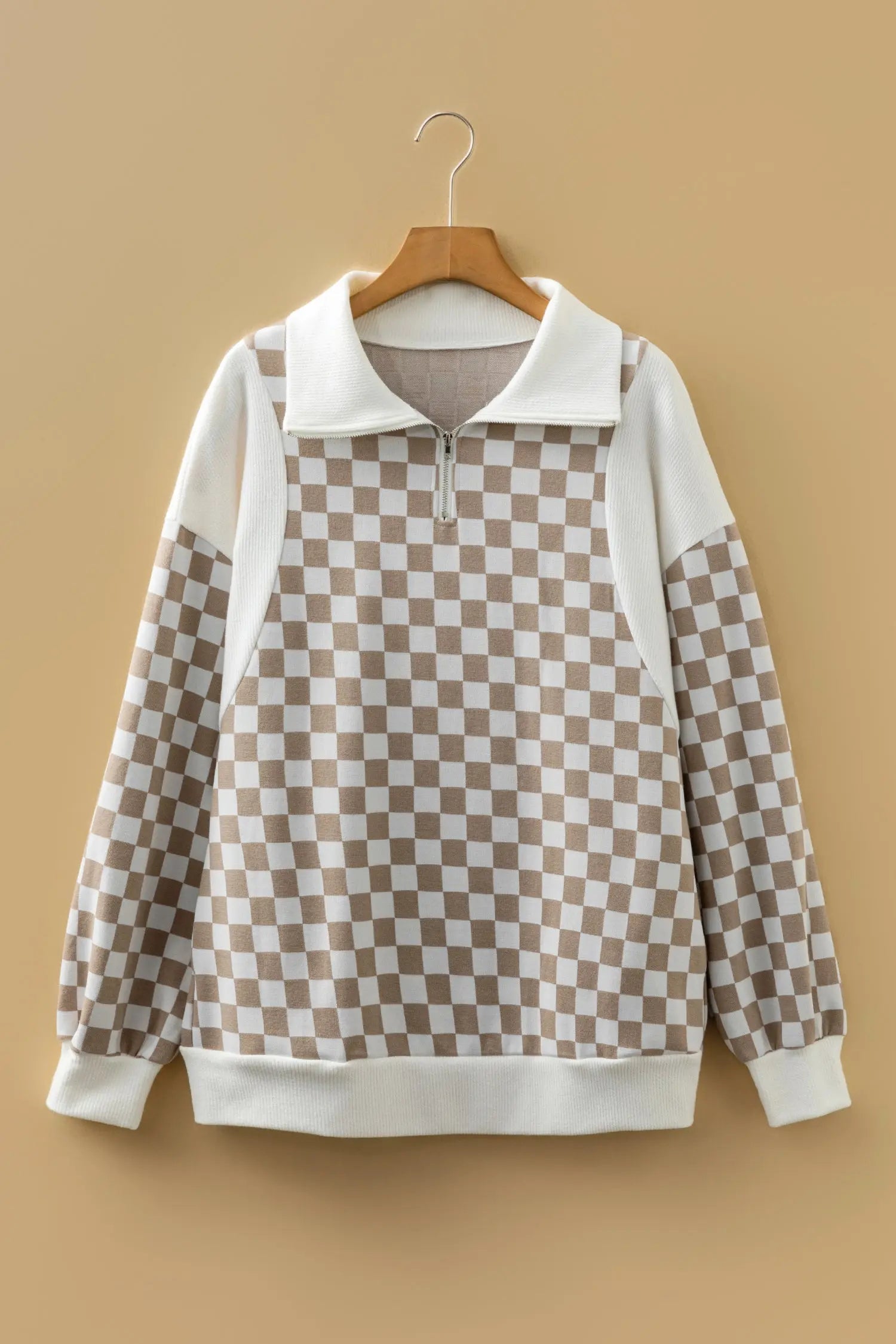 Khaki Checkered Print Quarter Zip Ribbed Patchwork Loose Sweatshirt Dear-Lover Dropshipping