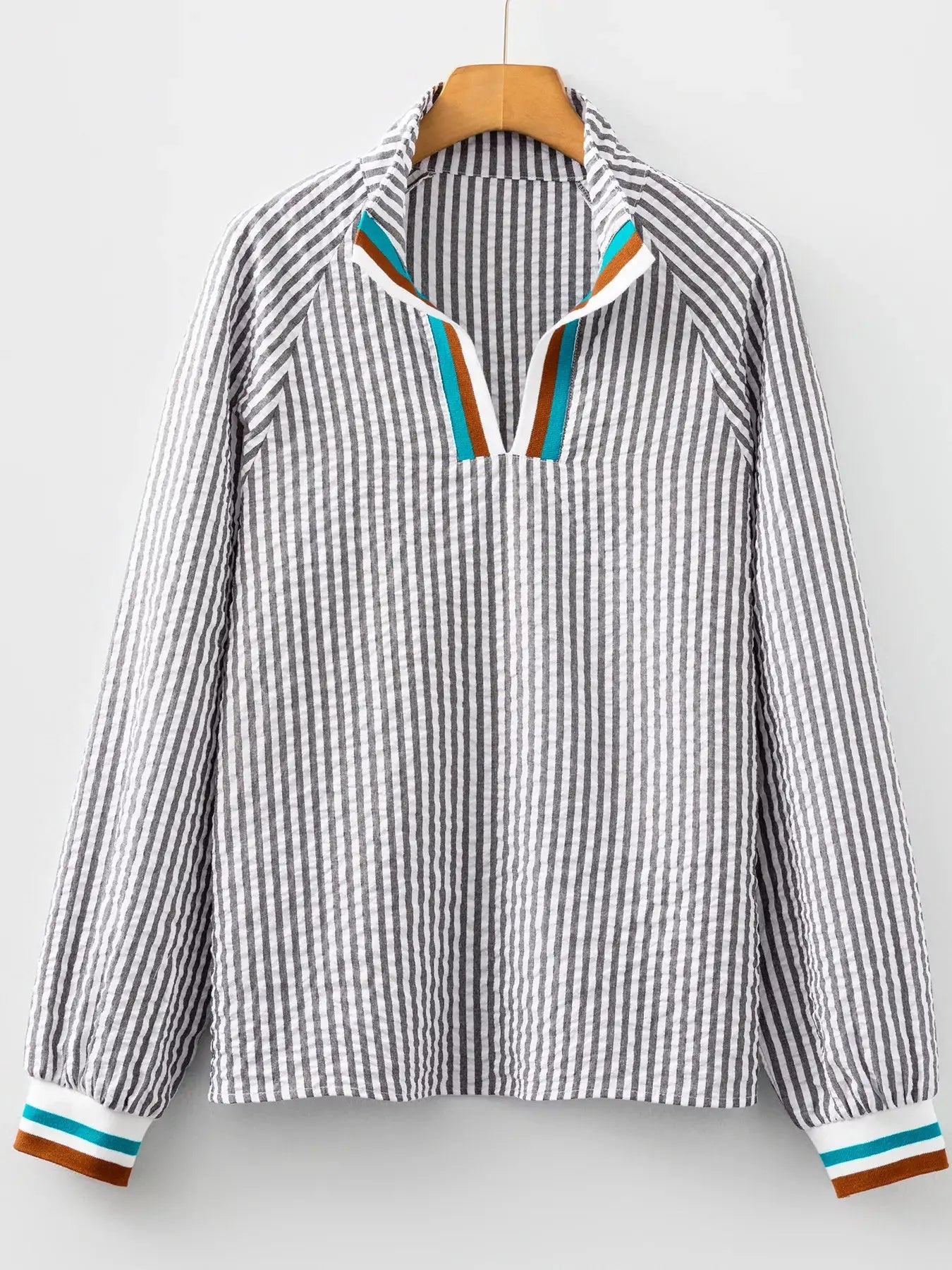 Striped Patchwork Split Neck Blouse With Contrast Trim Simply Love