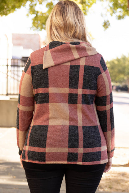 Mineral red plus size plaid top with asymmetric neckline and button details