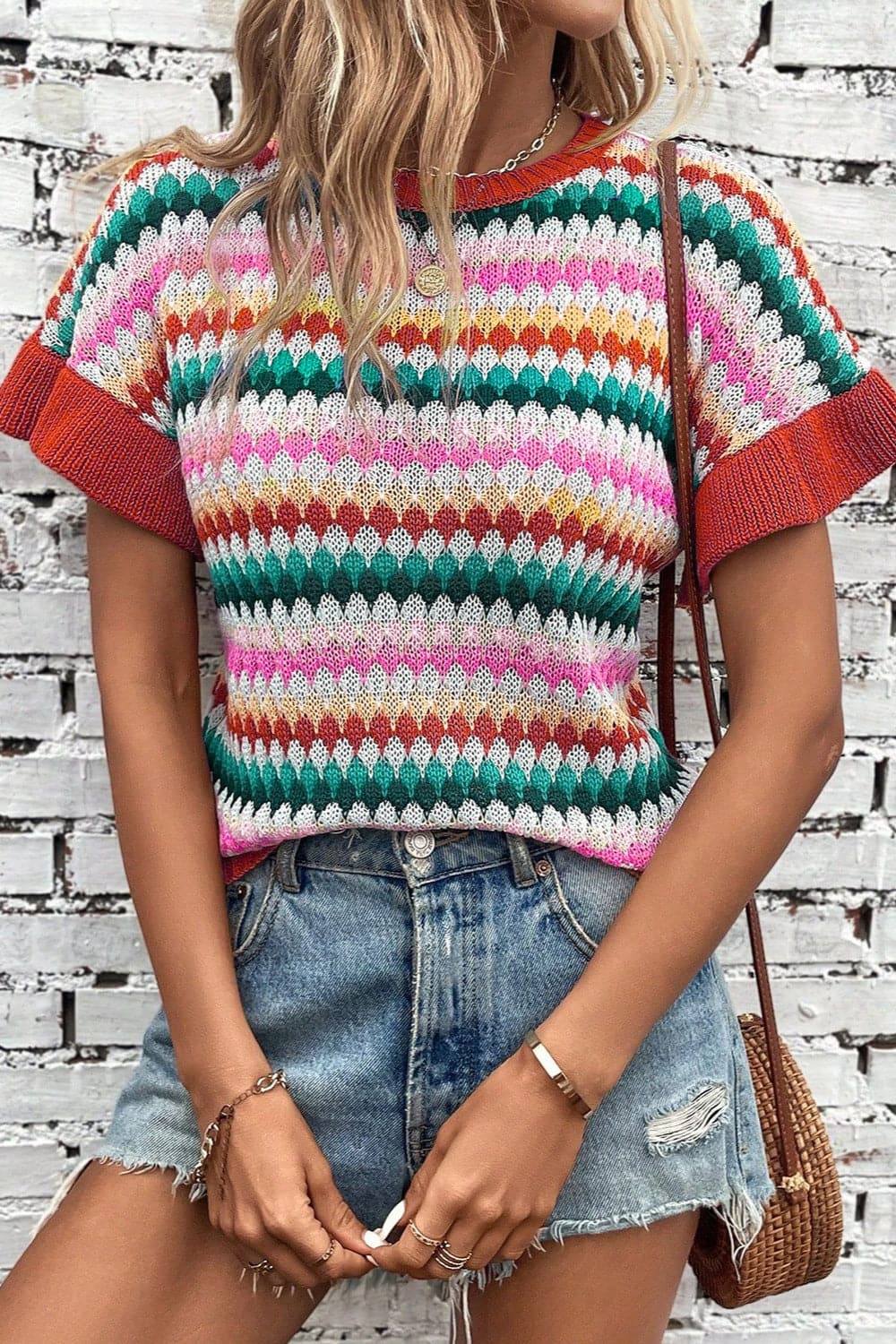 Striped Round Neck Short Sleeve Sweater.