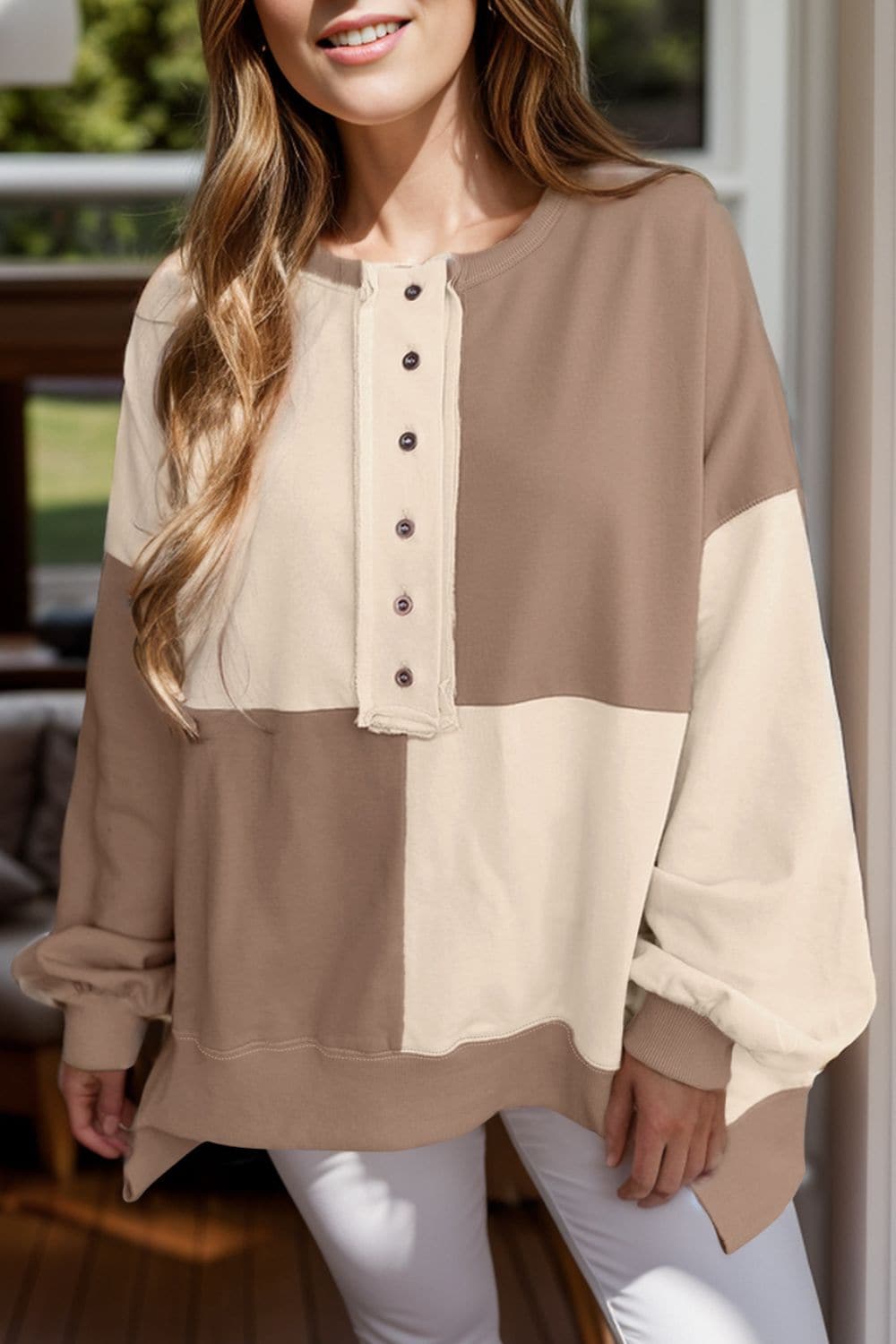 Contrast Half Button Long Sleeve Sweatshirt.