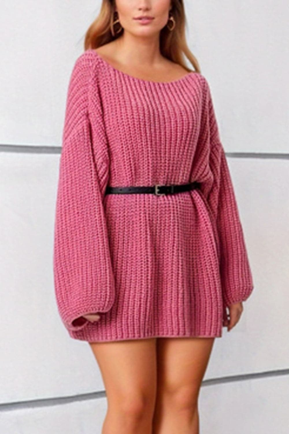 Boat Neck Dropped Shoulder Mini Sweater Dress.