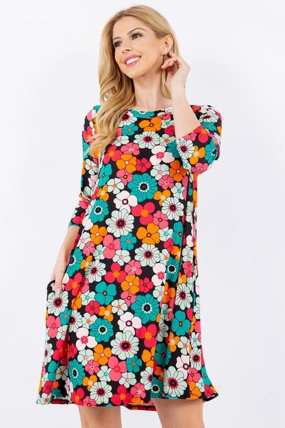 Celeste Full Size Floral Three-Quarter Sleeve Dress with Pockets.