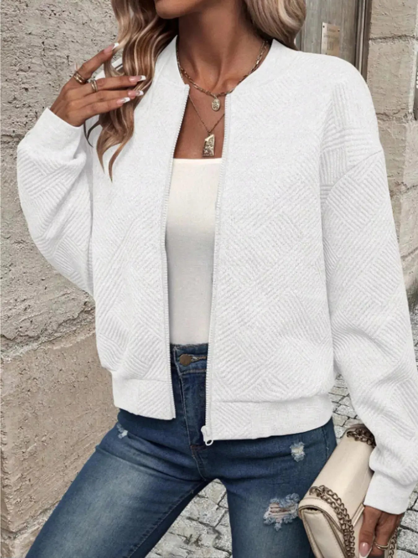 Textured Knit Zip-Up Bomber Jacket Simply Love