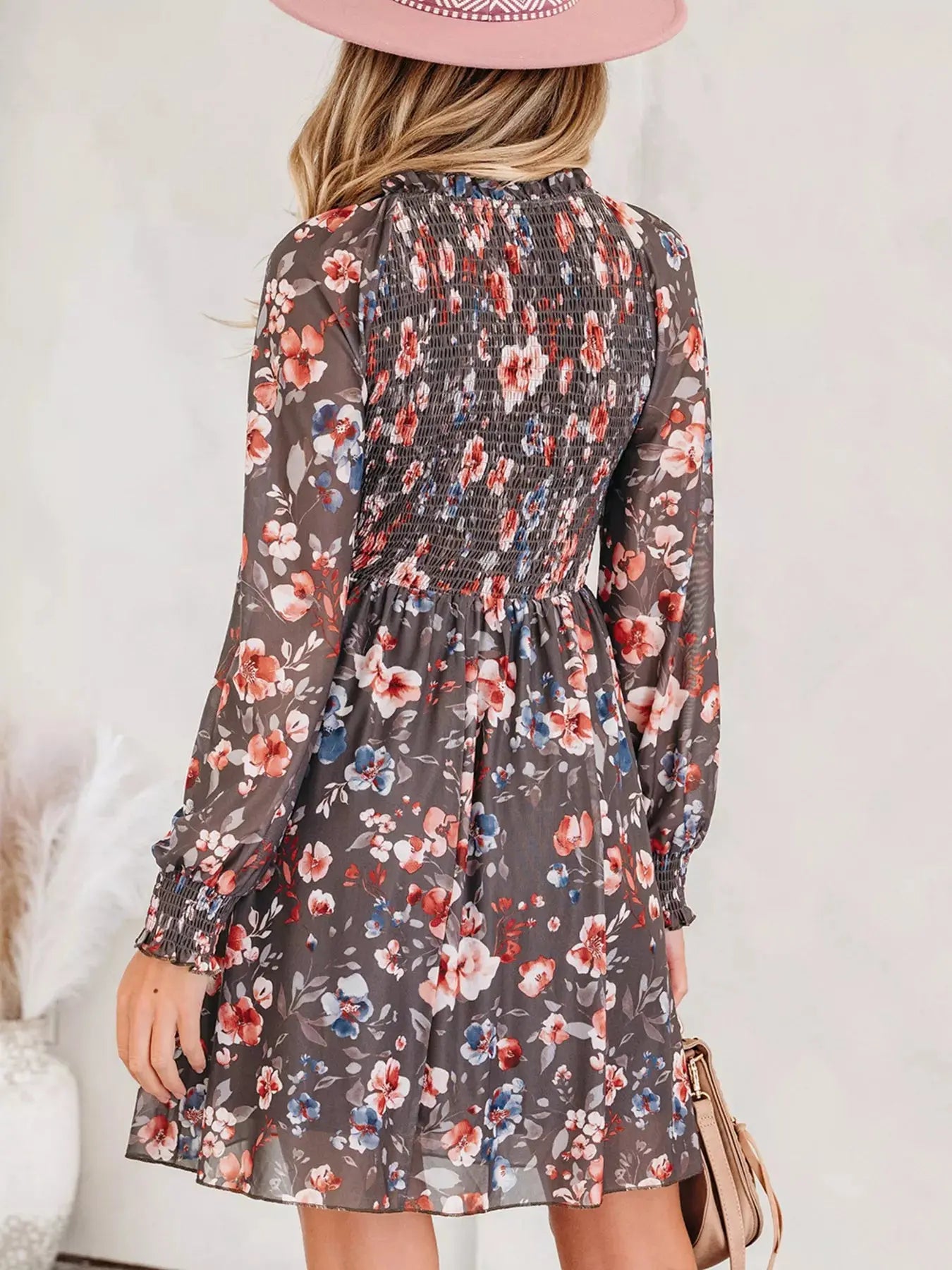 Frilly Smocked Bodice Floral Mesh Long Sleeve Mini Dress Simply Love