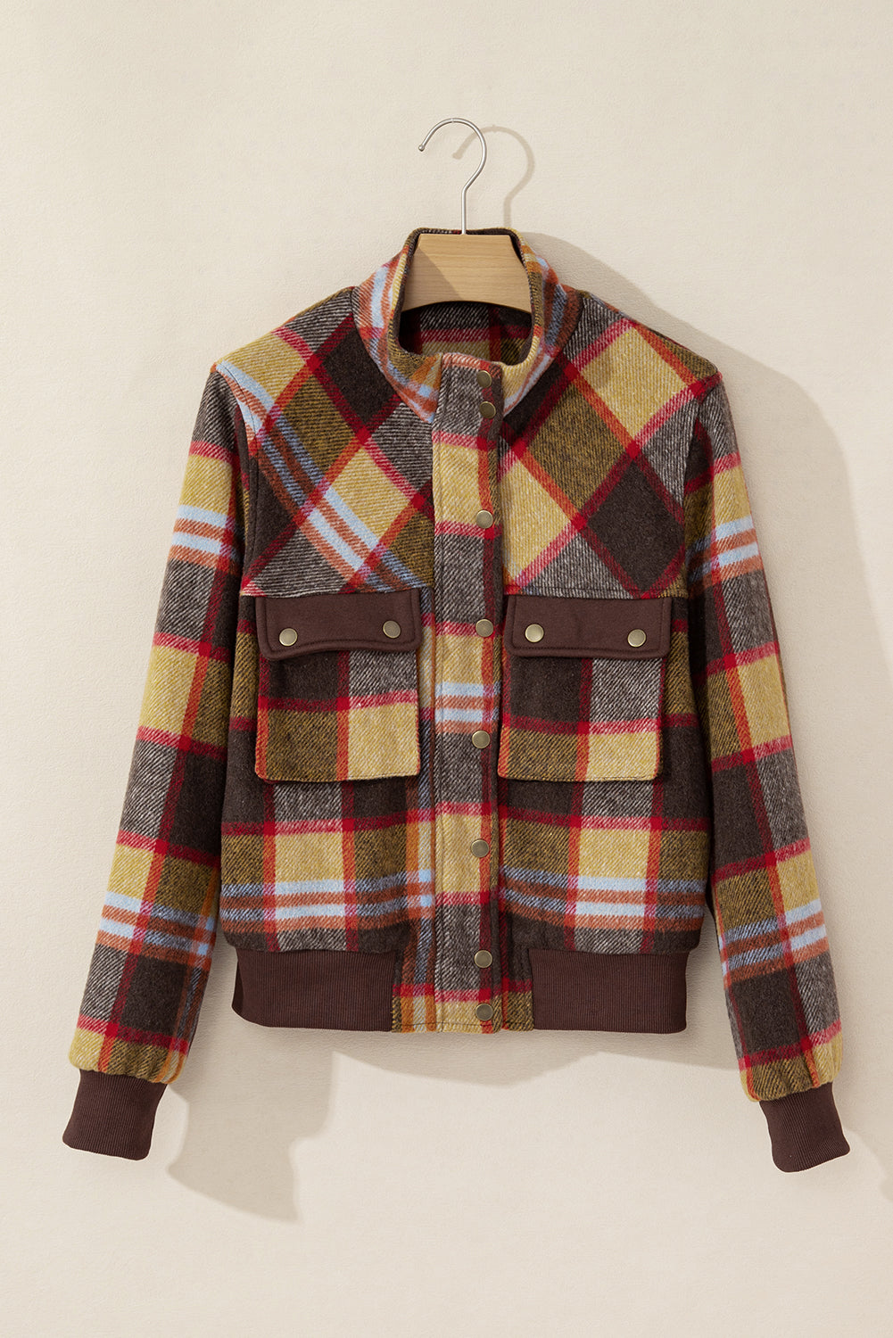 Stylish brown plaid jacket with chest pockets and stand neck design