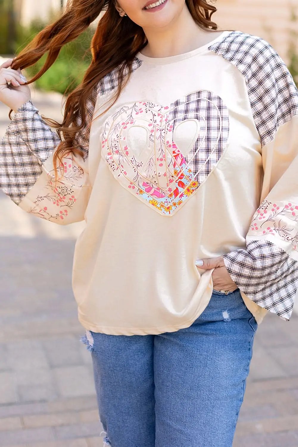 Beige Plaid Floral Peace Heart Graphic Wide Long Sleeve Top - Love Salve 