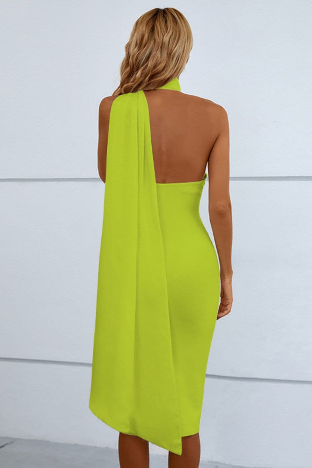 Cascading Detail Halter Neck Bodycon Dress.