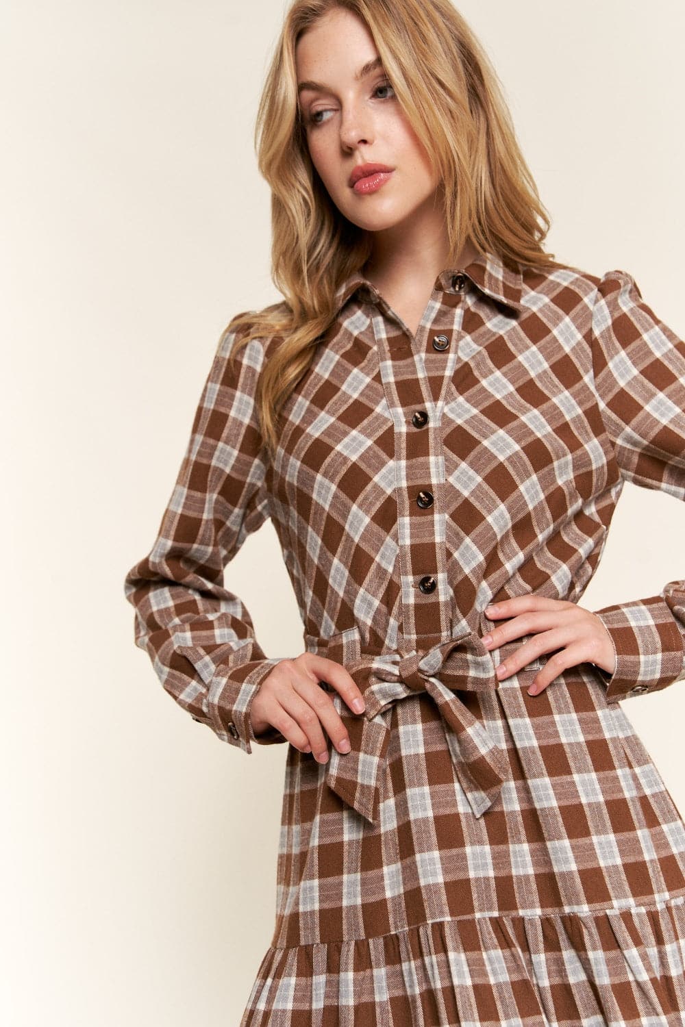 Chic plaid tiered midi shirt dress for effortless style