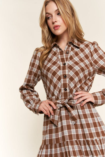 Chic plaid tiered midi shirt dress for effortless style