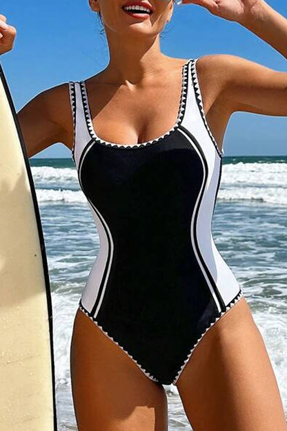 Chic Black Color Block U Neck One Piece Swimsuit with Ric Rac Trim