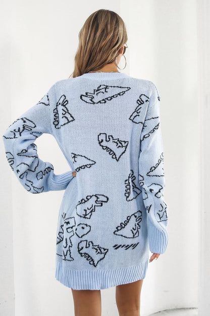 Dinosaur Pattern V-Neck Sweater Dress.