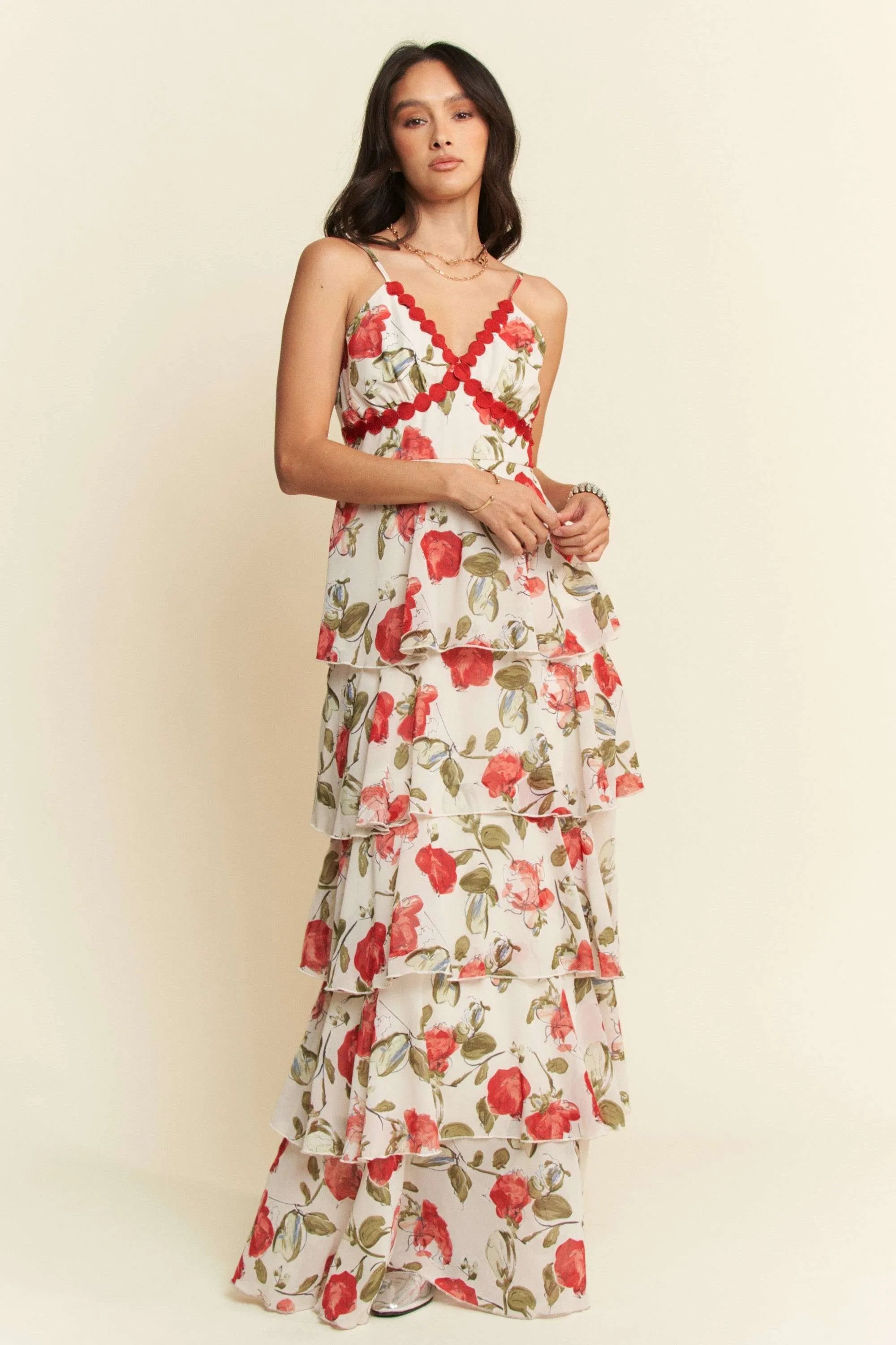 Contrast Ring Lace Layered Ruffle Maxi Cami Dress