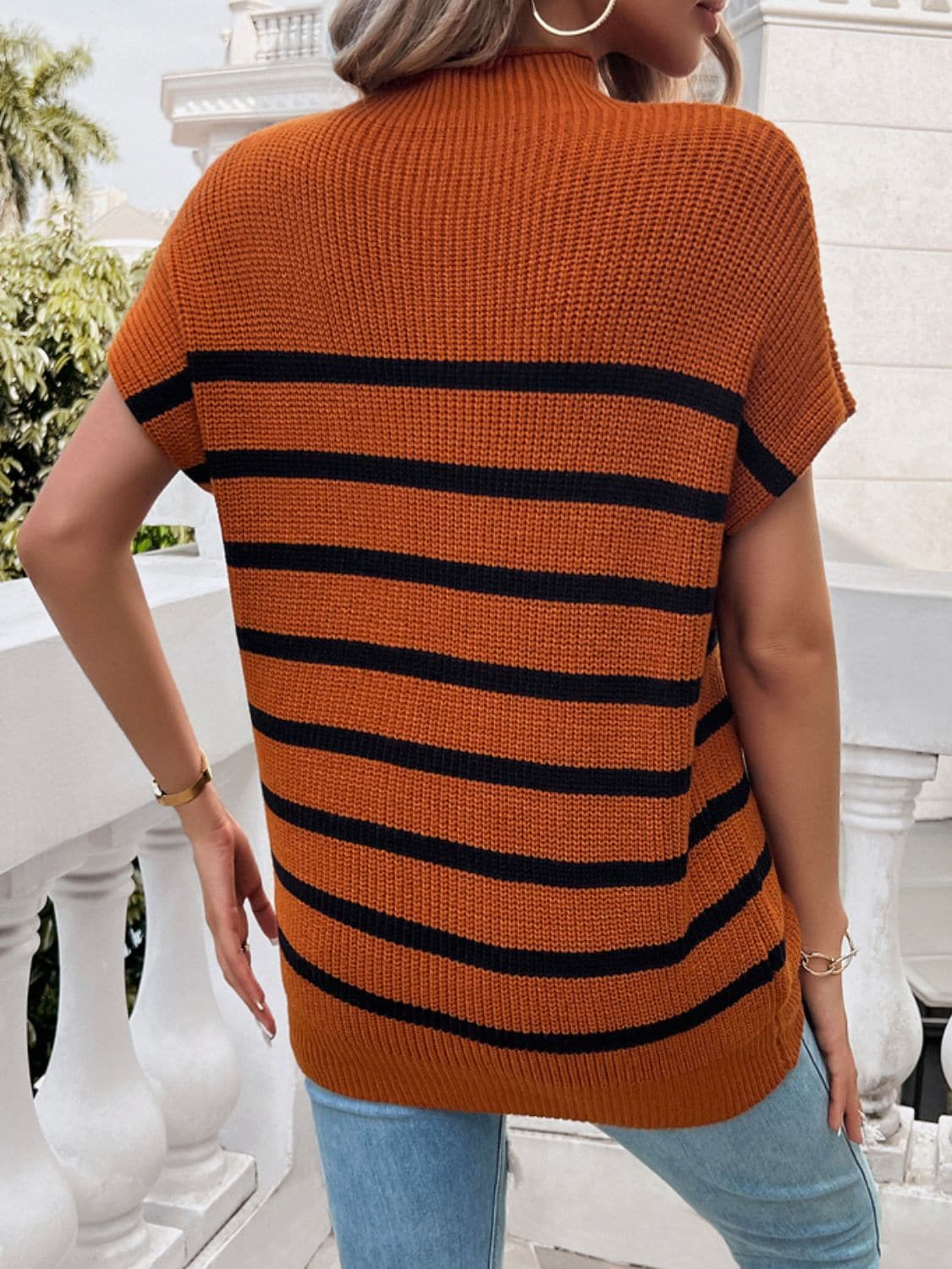 Striped Mock Neck Short Sleeve Sweater.