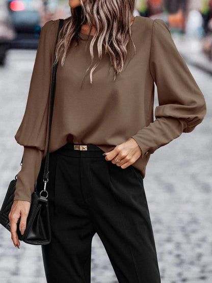 Decorative Button Round Neck Long Sleeve BlouseFeatures: Decorative Button
Sheer: Opaque
Stretch: No stretch
Material composition: 100% polyester
Care instructions: Machine wash cold. Tumble dry low.
Imported


SLove Salve Decorative Button Round Neck Long Sleeve BlouseShirts