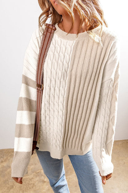 Cable-Knit Color Block Round Neck Sweater.