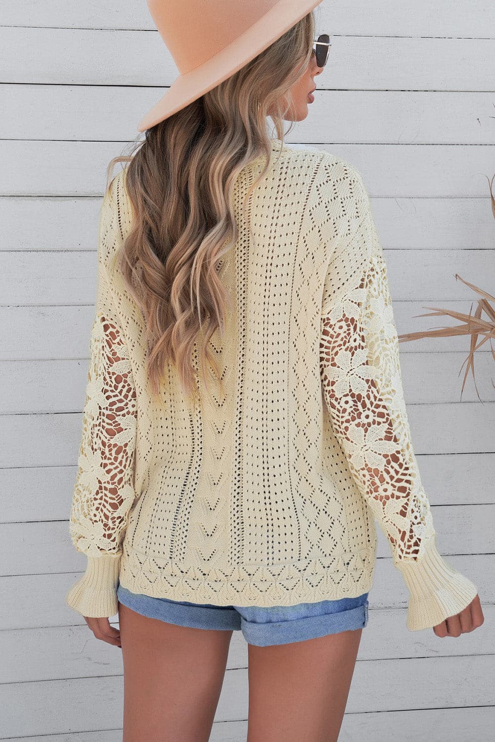 Openwork Lantern Sleeve Dropped Shoulder Sweater.