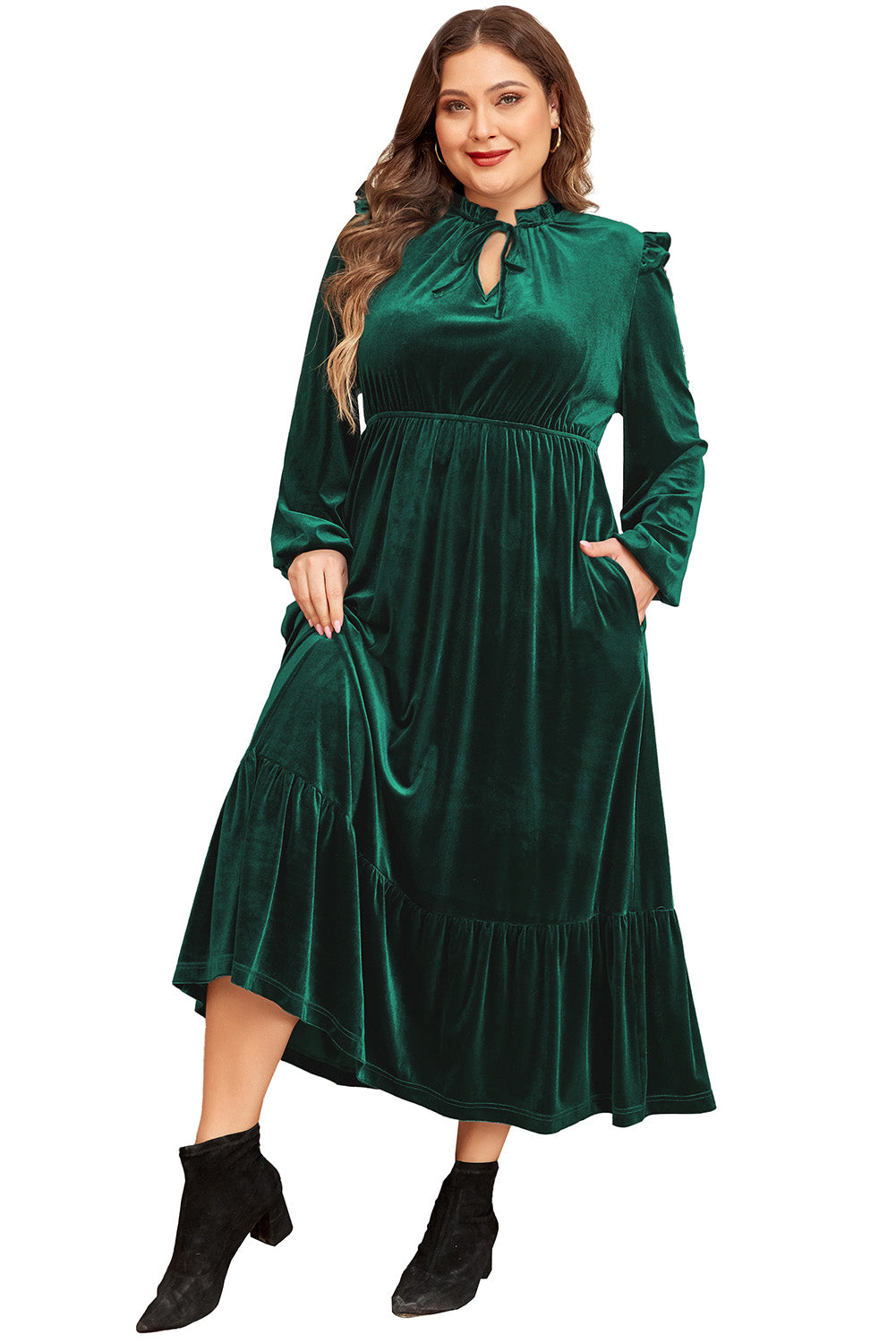 Elegant blackish green velvet high-waist midi dress with frilled neckline and ruffled hem