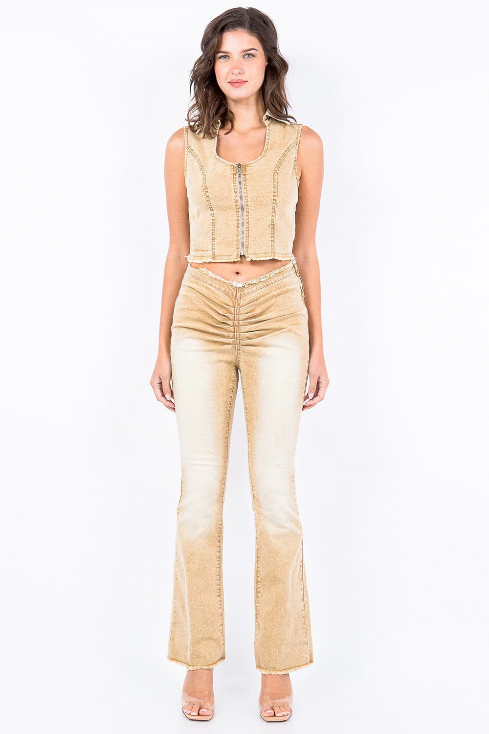 Chic V-cut ruched mid flare pants for a modern look