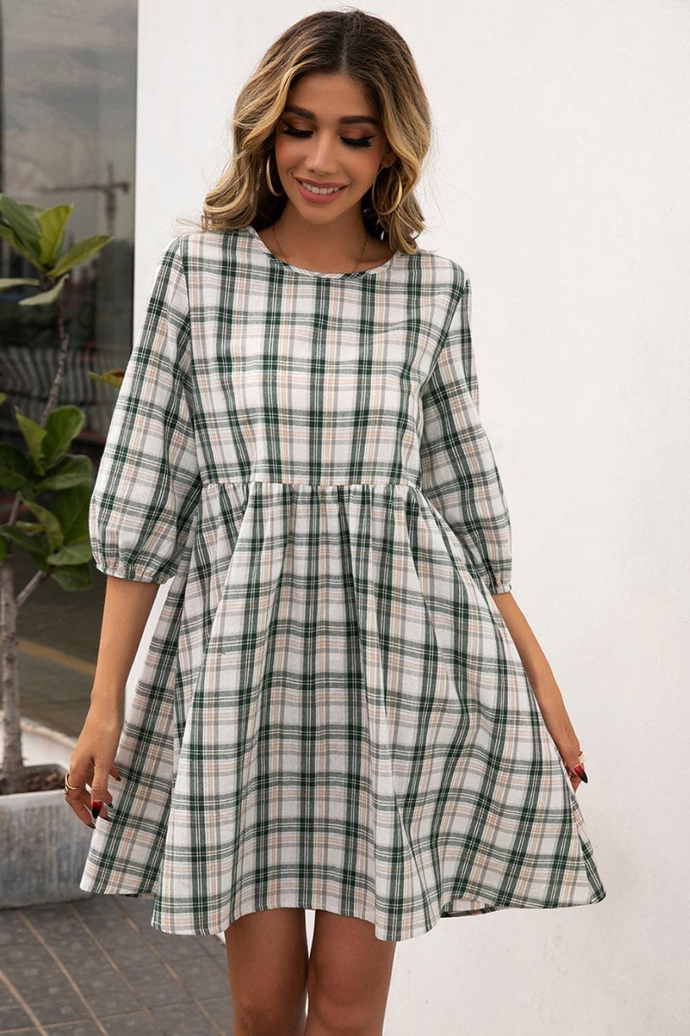 Plaid Round Neck Mini Dress.