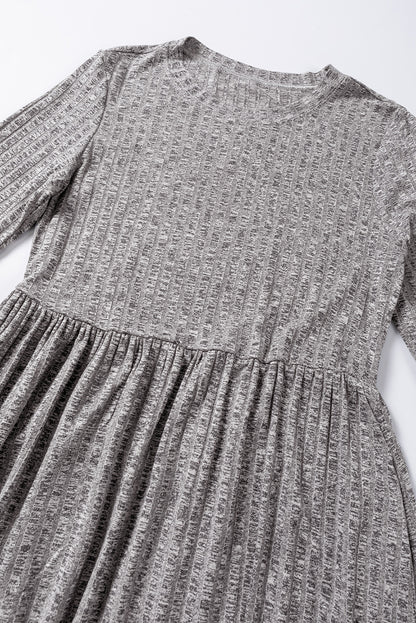 Gray Pinstriped Textured Ruffled A-line Midi Dress