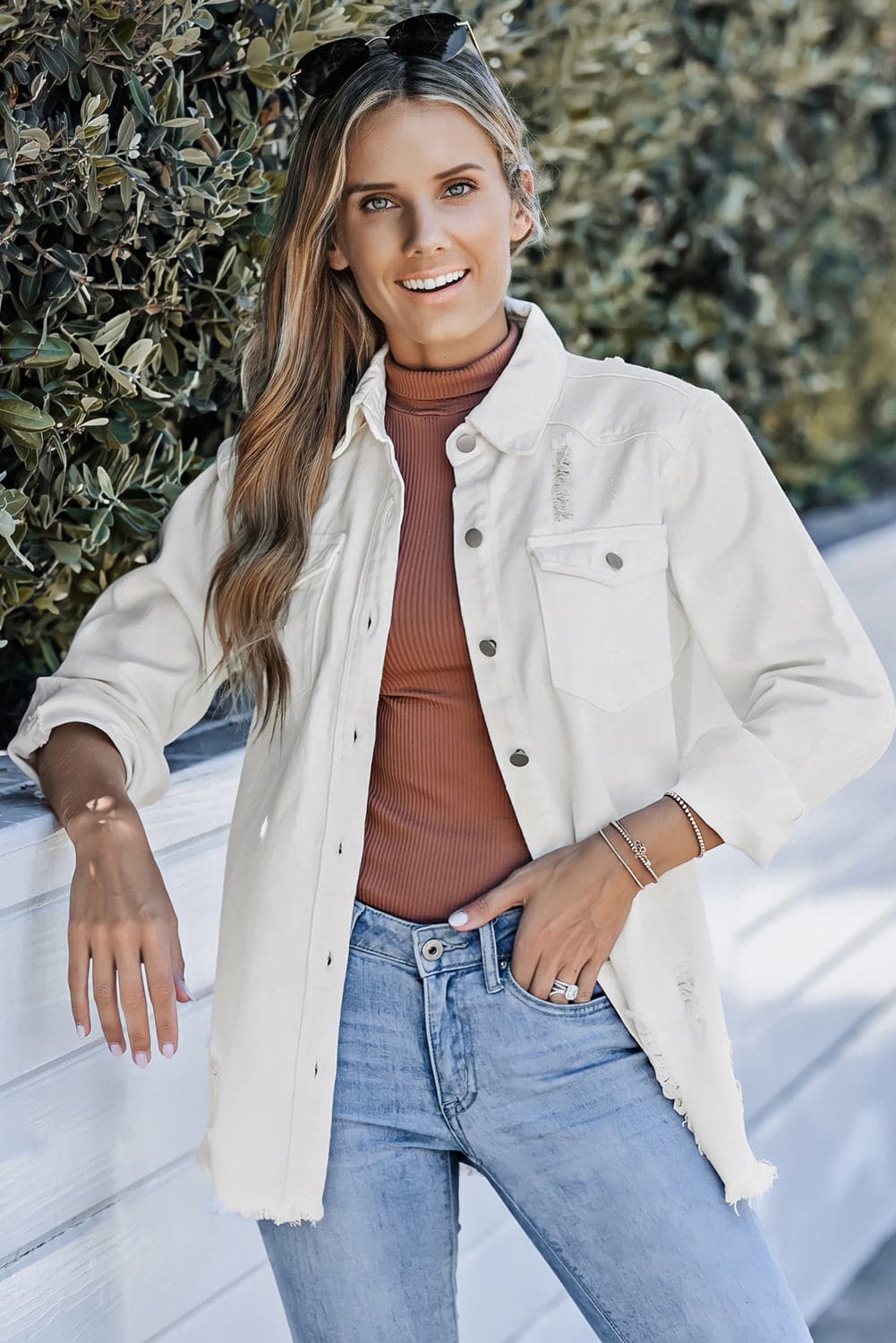 Distressed Button Up Frayed Hem Denim Jacket.