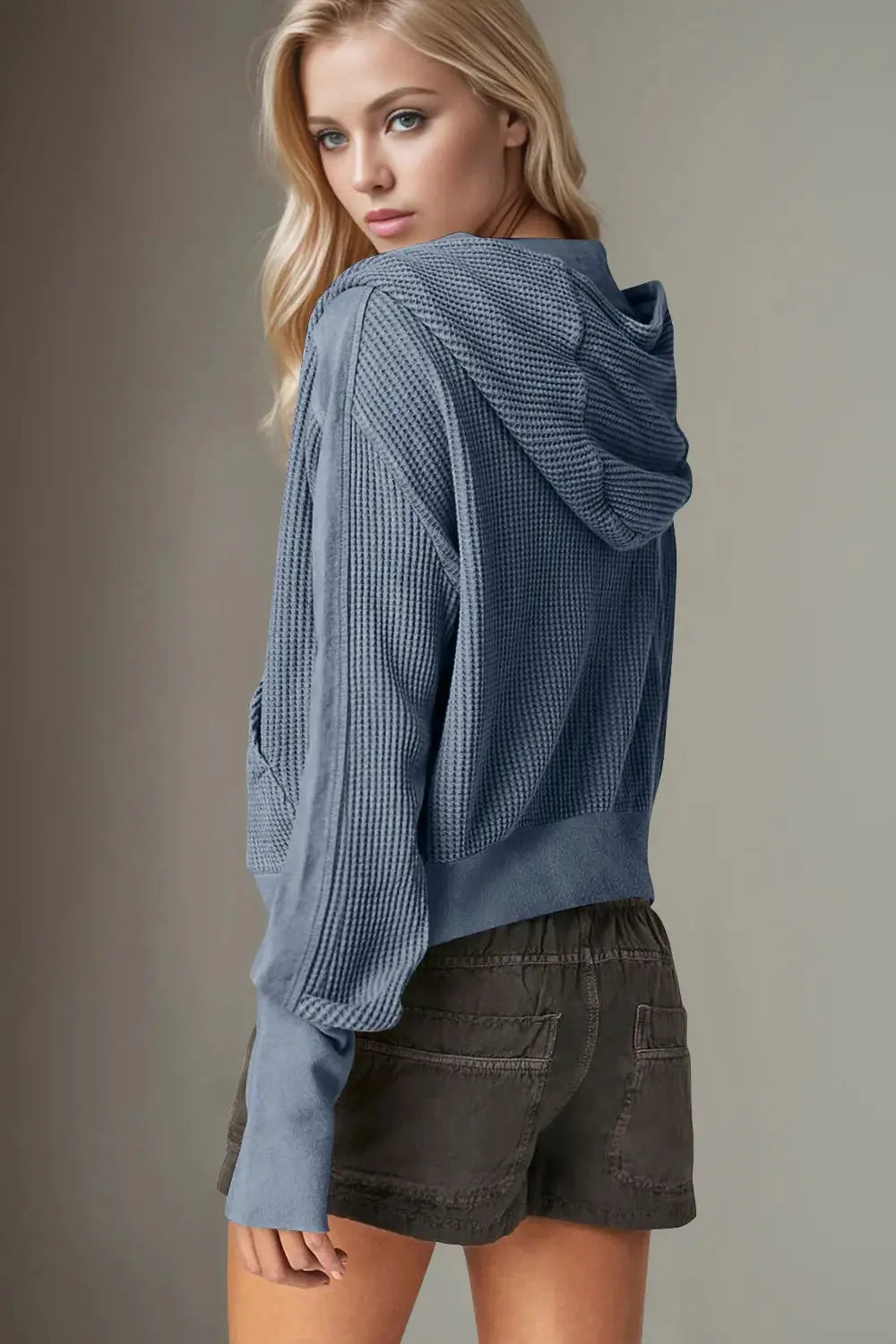 Double Take Waffle-Knit Zip Up Long Sleeve Hooded Jacket - Love Salve