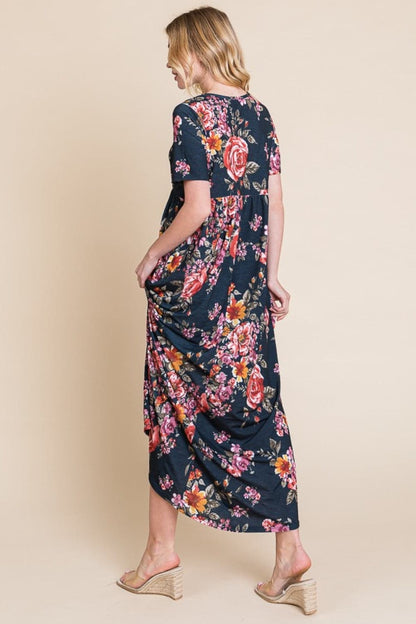 BOMBOM Floral Short Sleeve Maxi Dress.