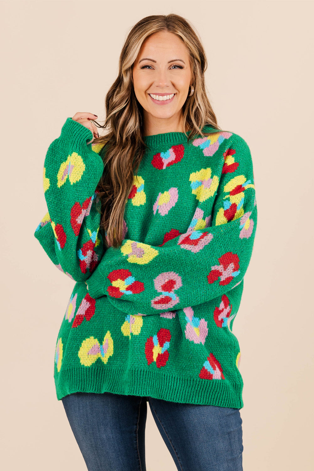 Elegant green plus size floral knitted drop shoulder sweater