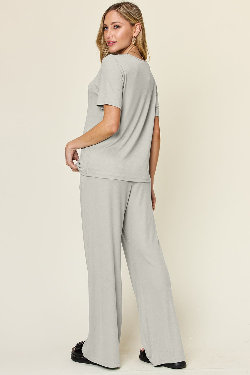 Double Take Full Size Round Neck Short Sleeve T-Shirt and Wide Leg Pants Set.