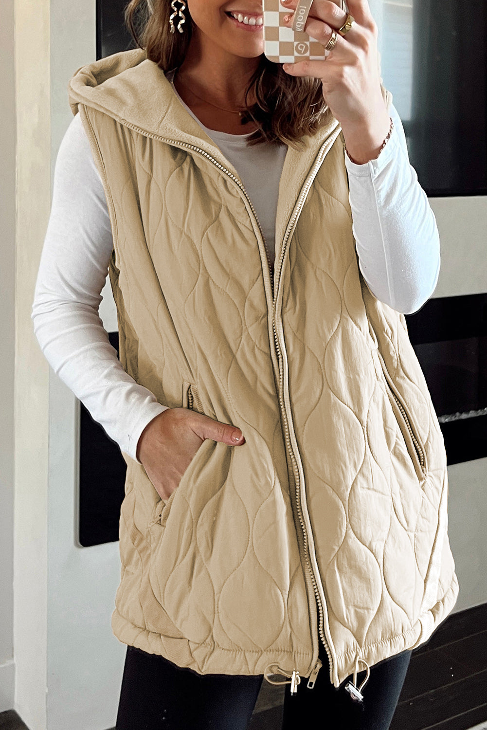 Pale Khaki Quilted Padded Casual Winter Jacket Vest With Fleece Lining For Cold Weather Comfort Dear-Lover Dropshipping