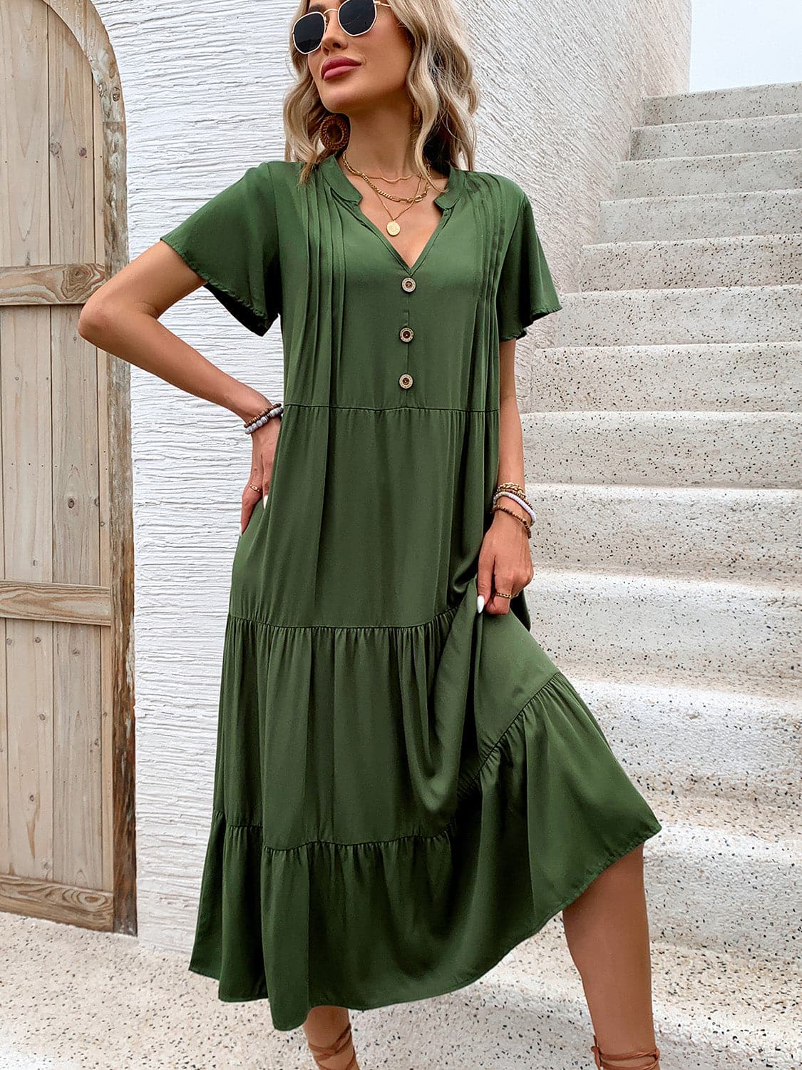 Tiered Notched Short Sleeve Midi Dress.