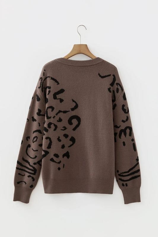 Camel Leopard Print Drop Shoulder Sweater With Asymmetric Detail Dear-Lover Dropshipping