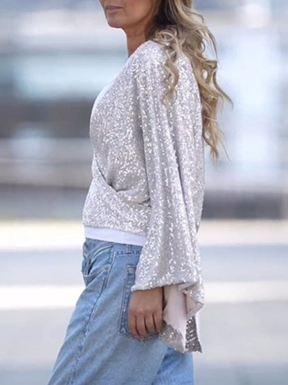 Sequin blouse with flare sleeves