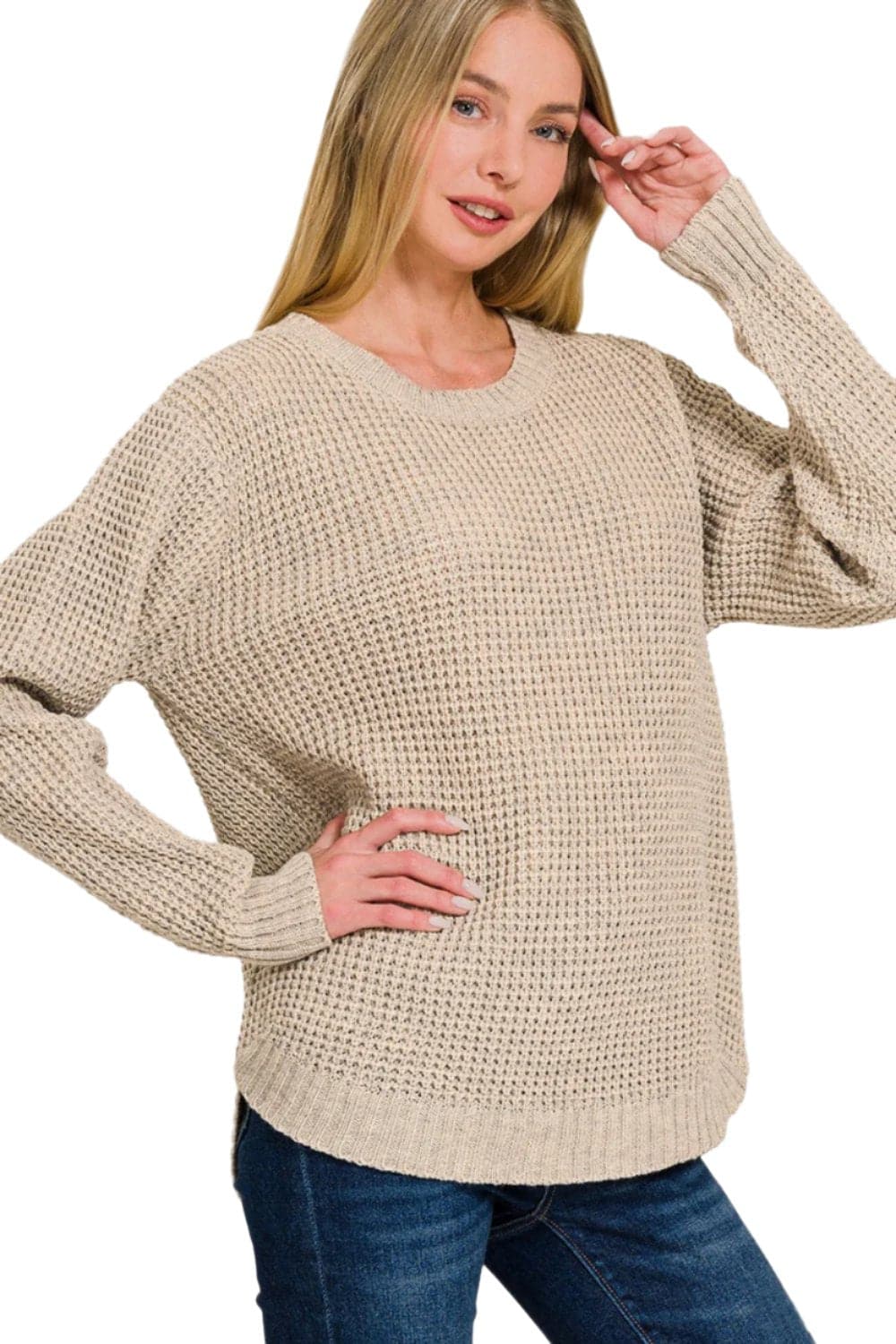 Zenana High Low Long Sleeve Waffle Sweater.