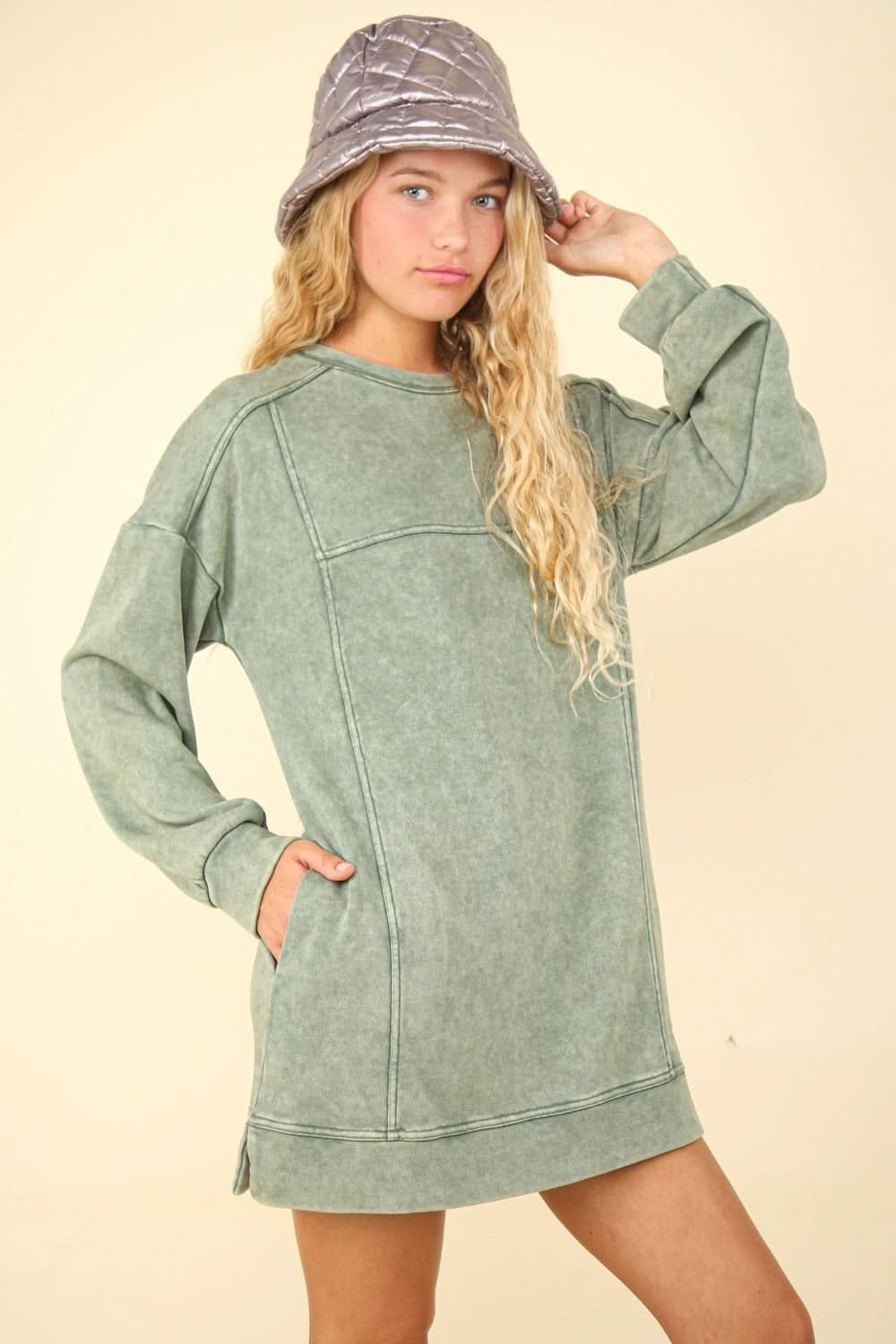 VERY J Mineral Washed Oversized Sweatshirt Mini Dress