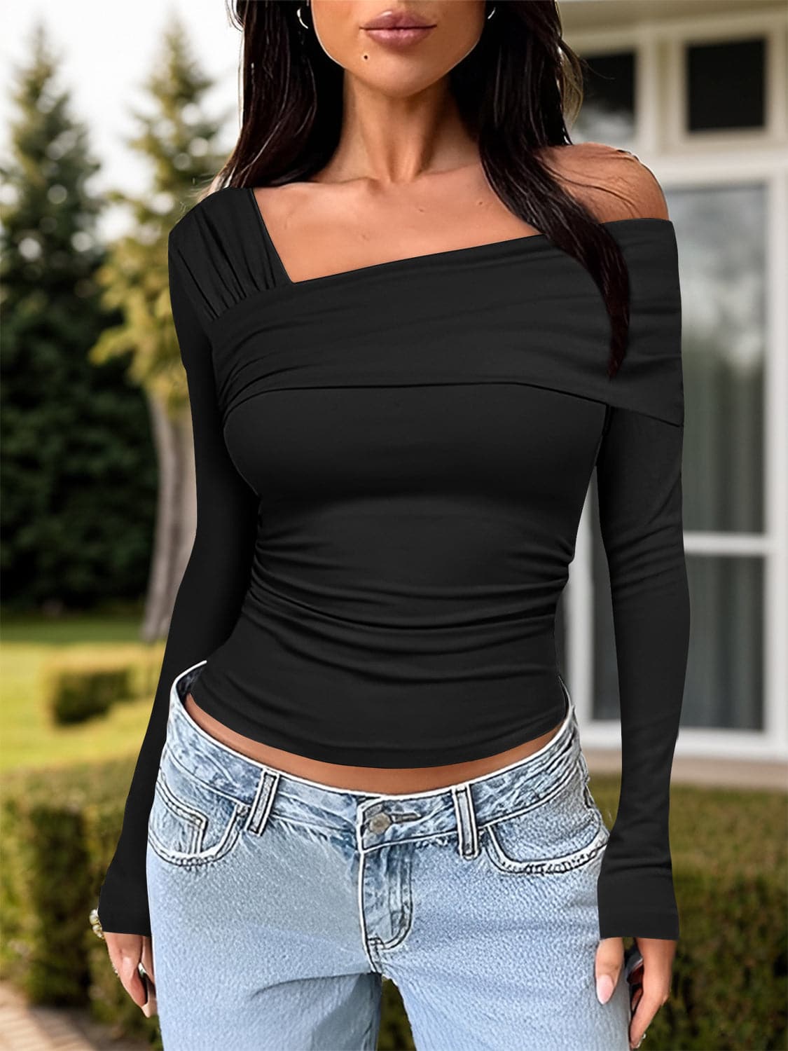 Ruched One Shoulder Long Sleeve T-Shirt.