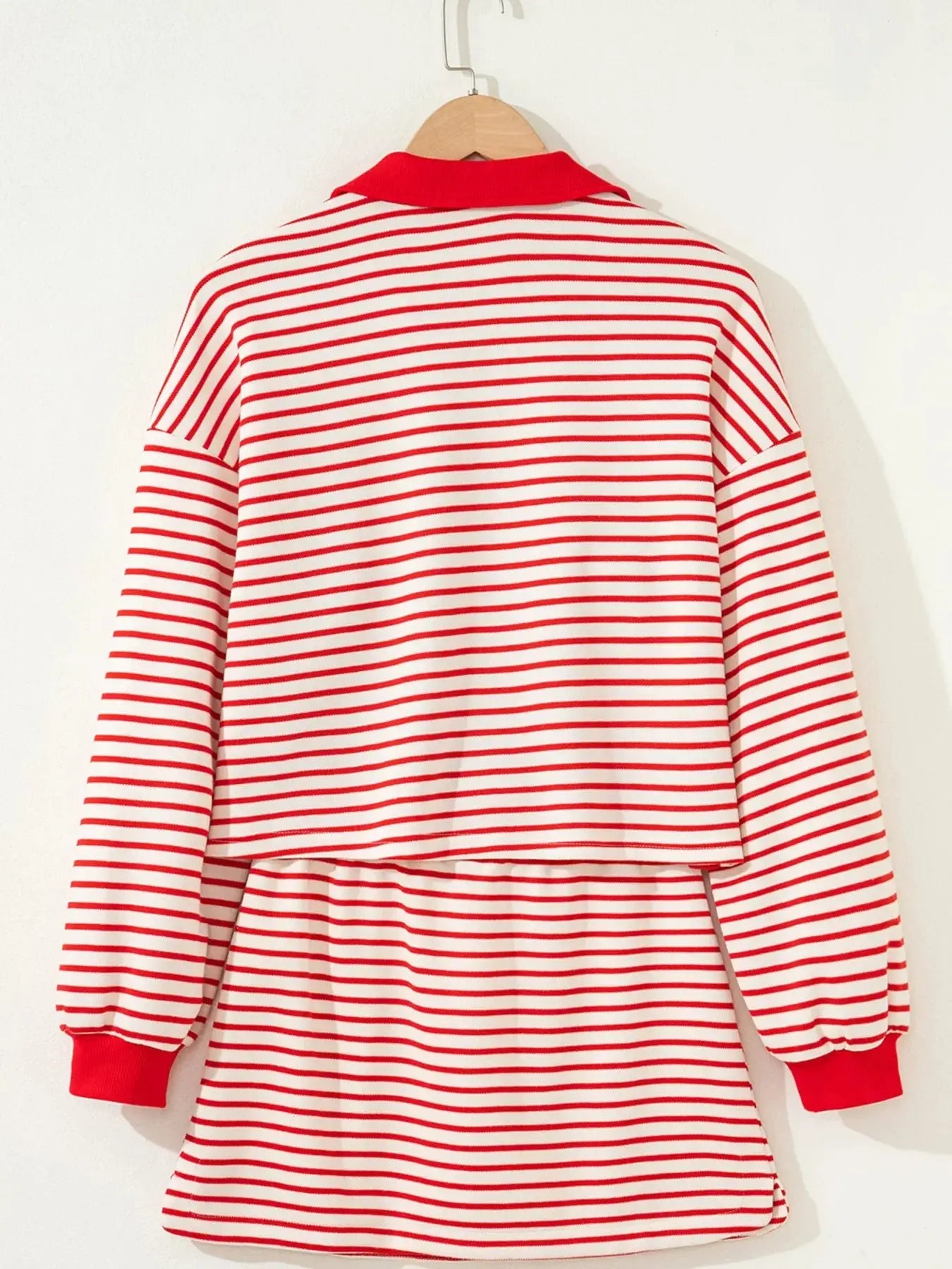 Stripe Collared V Neck Drop Shoulder Pullover and Skort 2pcs Outfit Simply Love