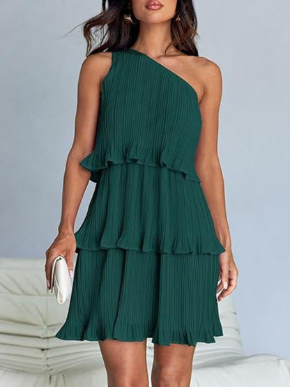 Chic sheer green mini dress with ruffles, one-shoulder design.