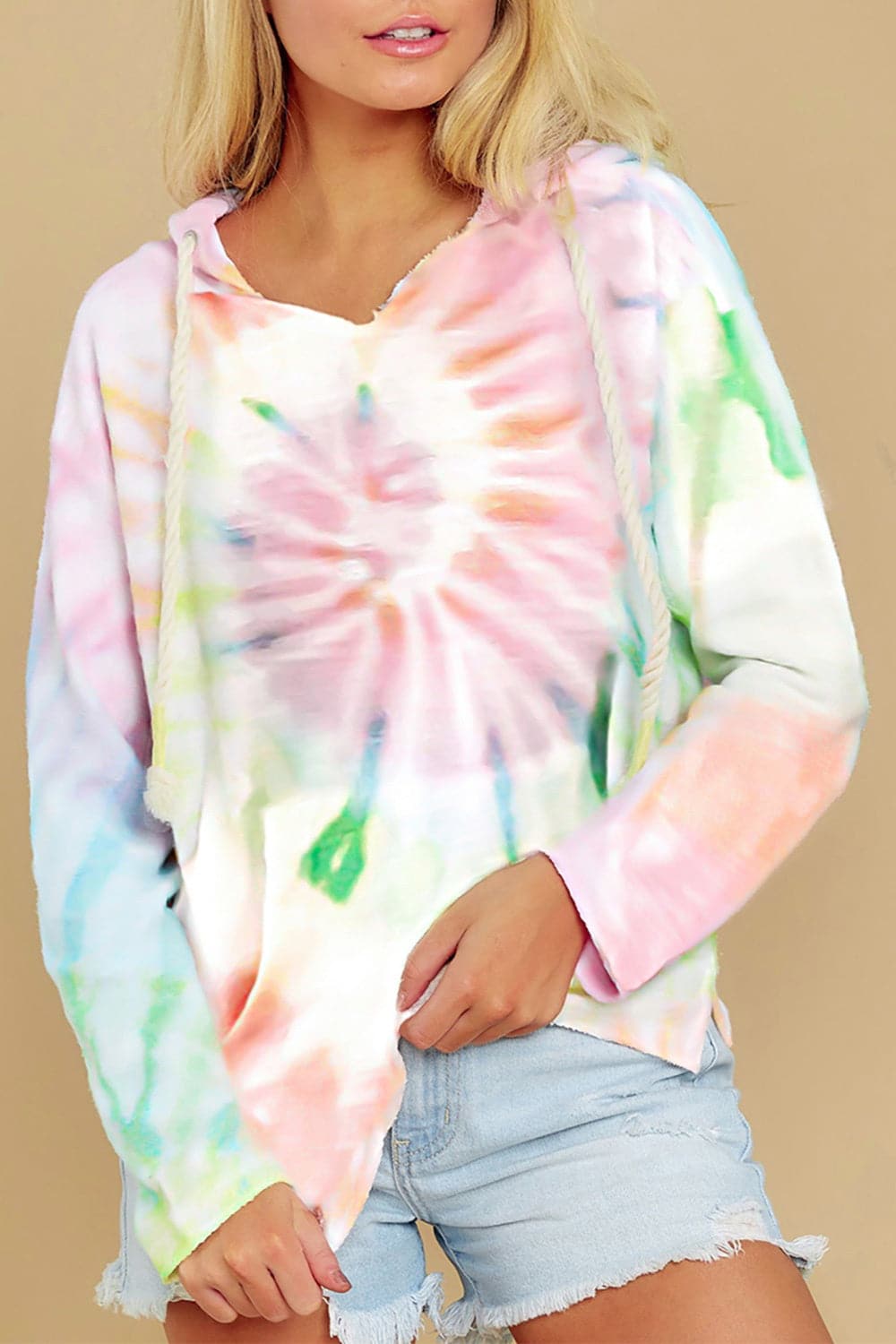 Colorful tie-dye drawstring hoodie with long sleeves