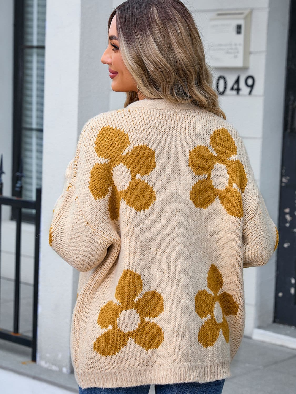 Flower Open Front Long Sleeve Cardigan.