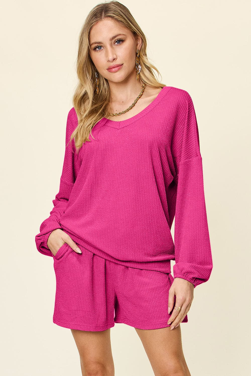 Double Take Full Size Texture V-Neck Long Sleeve T-Shirt and Shorts Set.