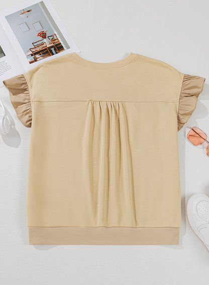 Parchment Plus Size Bowknot Applique Ruffled Short Sleeve Top