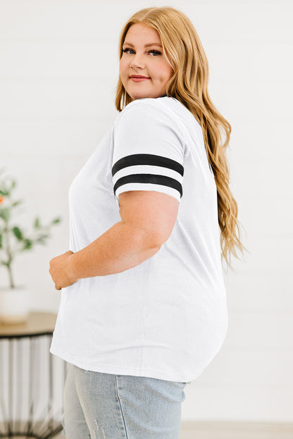 Chic white plus size v-neck t-shirt with stripe detailing