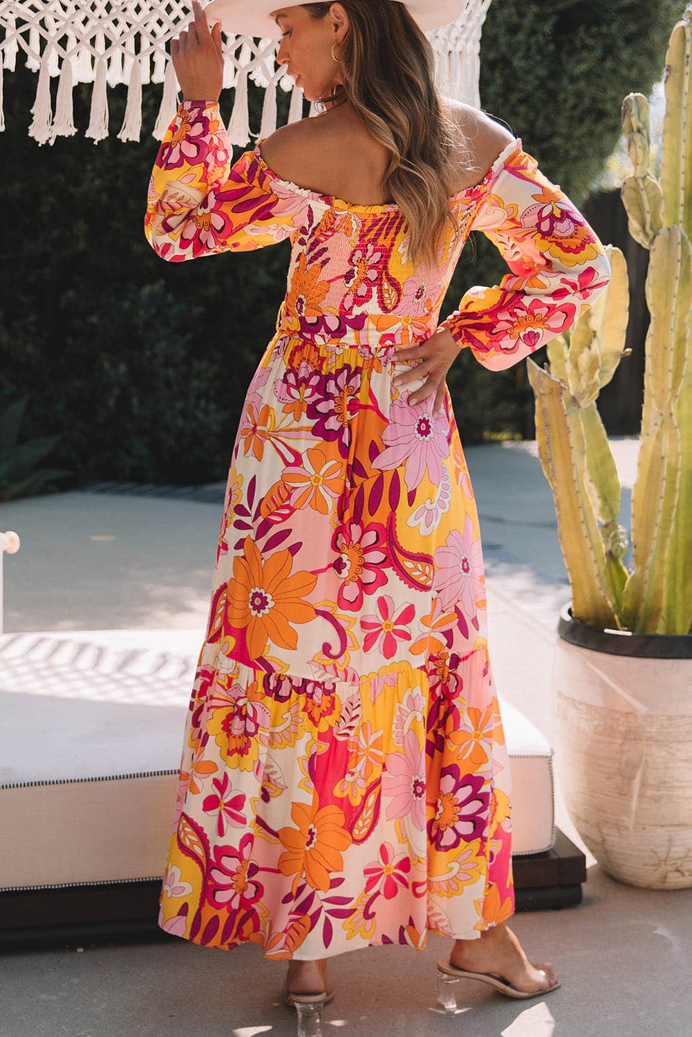 Printed Off-Shoulder Balloon Sleeve Maxi Dress.