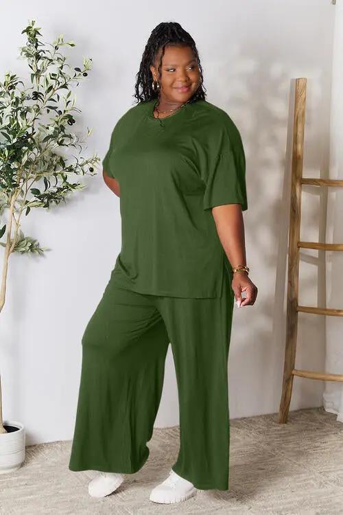 Double Take Full Size Round Neck Slit Top and Pants Set - Love Salve