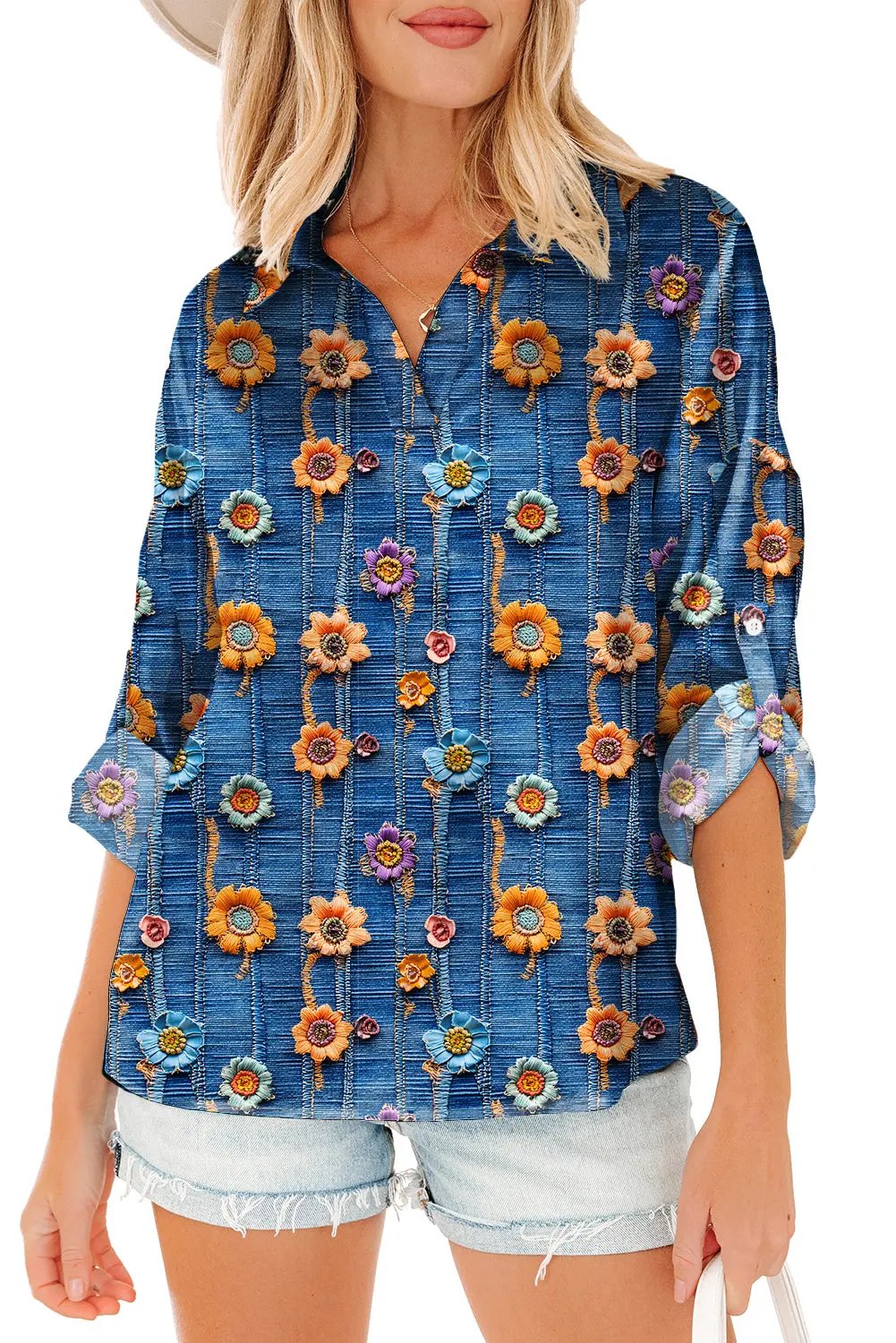 Premium Blue Floral Collared V Neck Roll Up Sleeve Blouse Dear-Lover Dropshipping