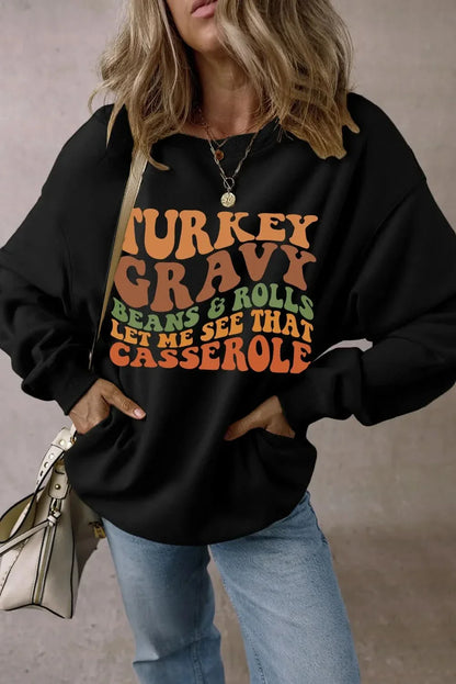 Letter Graphic Round Neck Long Sleeve Sweatshirt with colorful Thanksgiving-themed print.